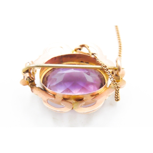 77 - Finely Detailed Amethyst Set Brooch Mounted in 9 Carat Yellow and Rose Gold 3cm High with Safety Cha... 