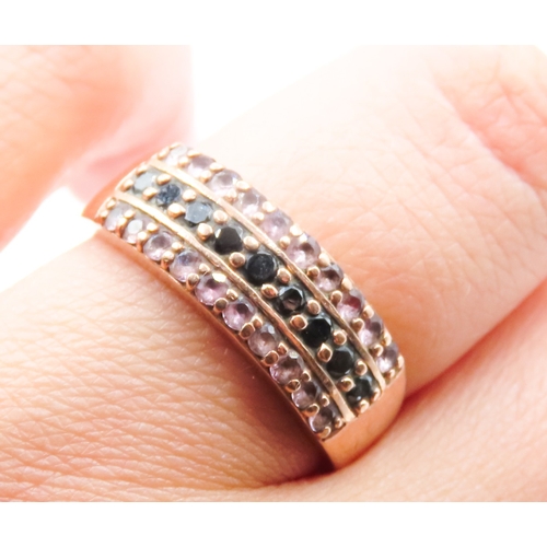 84 - Black Diamond and Morganite Set Three Row Ring Mounted in 9 Carat Rose Gold Ring Size O