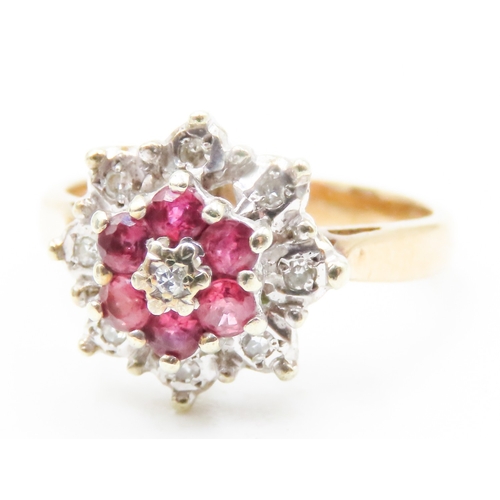 99 - Diamond and Ruby Set Ladies Floral Motif Cluster Ring Set in 9 Carat Yellow Gold Ring Size I and a H... 