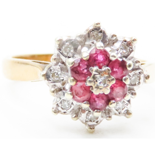 99 - Diamond and Ruby Set Ladies Floral Motif Cluster Ring Set in 9 Carat Yellow Gold Ring Size I and a H... 