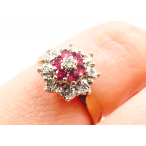 99 - Diamond and Ruby Set Ladies Floral Motif Cluster Ring Set in 9 Carat Yellow Gold Ring Size I and a H... 