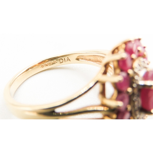 1 - Ruby and Diamond Set Ladies Cluster Ring Mounted in 9 Carat Yellow Gold Ring Size P