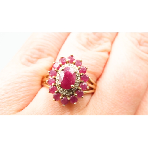 1 - Ruby and Diamond Set Ladies Cluster Ring Mounted in 9 Carat Yellow Gold Ring Size P