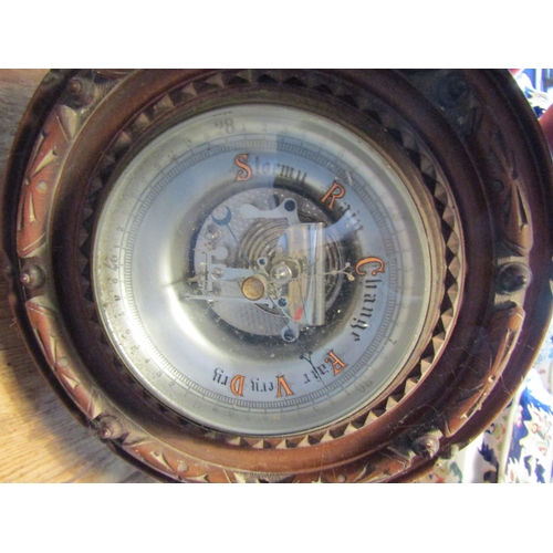 1002 - Antique Wall Barometer Silvered Dial Mahogany Frame Approximately 10 Inches Diameter