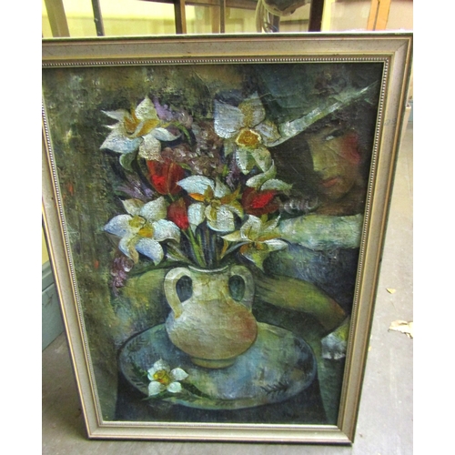 1014 - Russian School Saint Petersburg Signed and Titled Verso Still Life with Portrait Oil on Canvas Appro... 