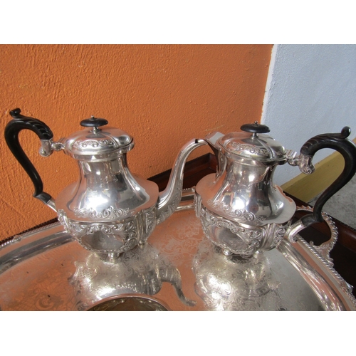 1015 - Antique Seven Piece Silver Plated Tea Set Finely Detailed with Matching Silver Plated Tray of Genero... 