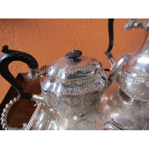 1015 - Antique Seven Piece Silver Plated Tea Set Finely Detailed with Matching Silver Plated Tray of Genero... 