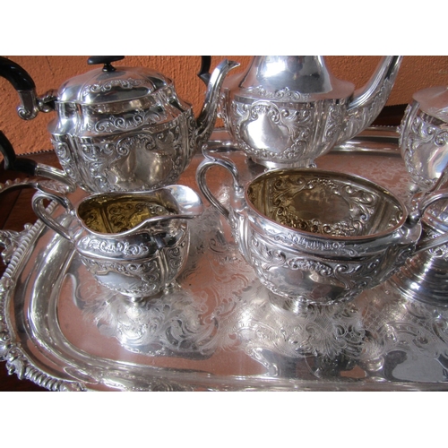 1015 - Antique Seven Piece Silver Plated Tea Set Finely Detailed with Matching Silver Plated Tray of Genero... 