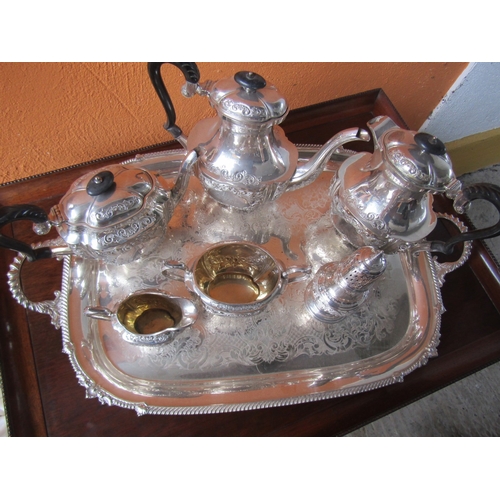 1015 - Antique Seven Piece Silver Plated Tea Set Finely Detailed with Matching Silver Plated Tray of Genero... 