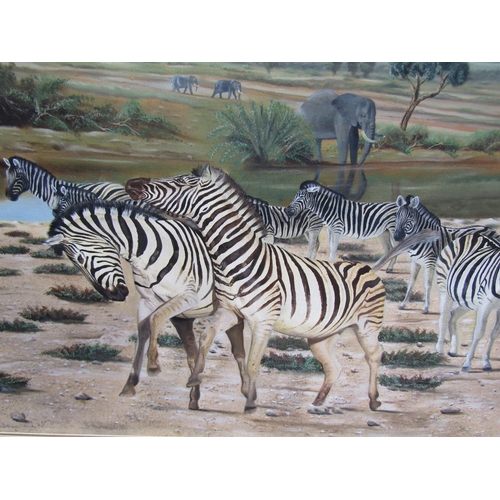 1018 - Lester C Stone Safari Scene with Elephants and Zebras Large Oil on Canvas Approximately 2ft 6 Inches... 