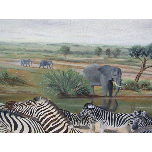 1018 - Lester C Stone Safari Scene with Elephants and Zebras Large Oil on Canvas Approximately 2ft 6 Inches... 