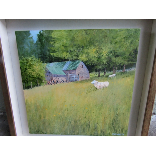 1019 - J McNulty Irish School Farmstead with Sheep Trees Beyond Oil on Canvas Contained Within a Gilded Fra... 