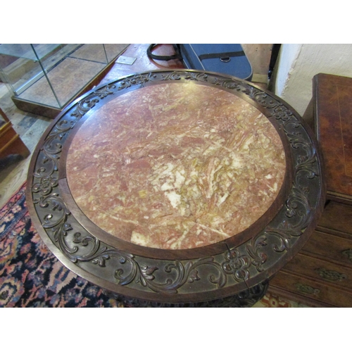 1037 - Imposing Antique Chinese Stand Carved Hardwood with Inset Rouge Marble Top Approximately 20 Inches D... 