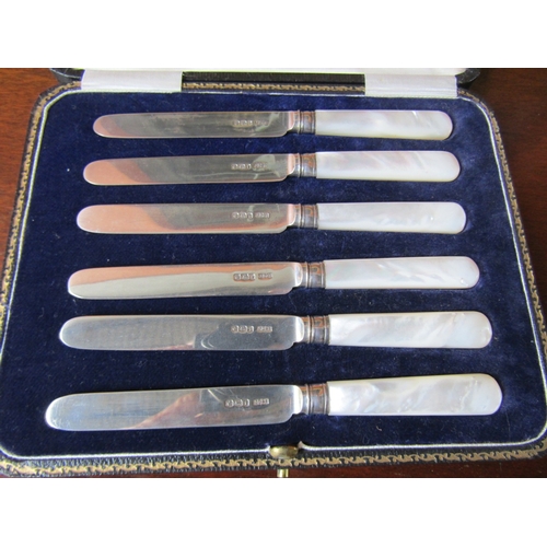 1044 - Set of Six Silver Blade Mother of Pearl Handled Butter Knives Contained Within Original Presentation... 