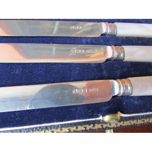 1044 - Set of Six Silver Blade Mother of Pearl Handled Butter Knives Contained Within Original Presentation... 