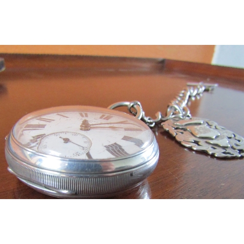 1046 - Silver Cased Half Hunter Pocket Watch Improved Patent with Silver Watch Chain and Fob