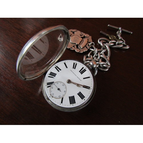 1046 - Silver Cased Half Hunter Pocket Watch Improved Patent with Silver Watch Chain and Fob