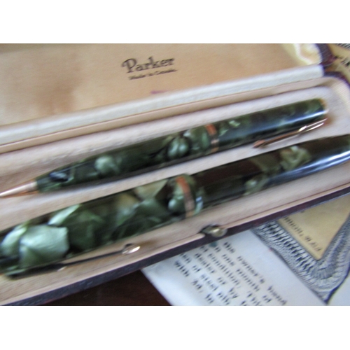 1047 - Parker Twin Pen Set Fountain Pen Fourteen Carat Gold Nib and Ballpoint Pen Attractive Marbling Detai... 