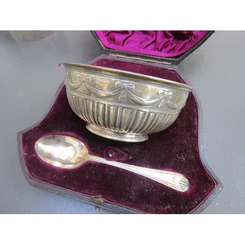 1059 - Silver Porringer with Adams Swag Motif Decoration Gadrooned Well Serving Spoon Present Contained Wit... 