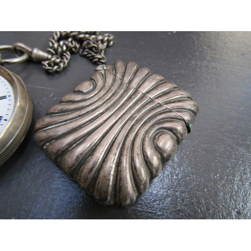 1061 - Silver Vesta Case and Silver French Pocket Watch Lacking Lens with Silver Watch Chain