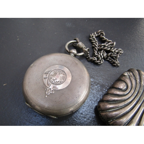 1061 - Silver Vesta Case and Silver French Pocket Watch Lacking Lens with Silver Watch Chain