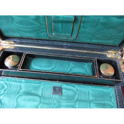 1083 - Fine Early Victorian Leatherbound Gilt Tool Travelling Box with Emerald Silk Lined Interior Complete... 