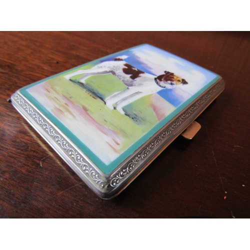 1085 - Antique Edwardian Enamel Cover Canine Decorated Silver Cigarette Case Approximately 8cm High x 6cm W... 