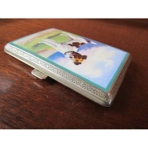 1085 - Antique Edwardian Enamel Cover Canine Decorated Silver Cigarette Case Approximately 8cm High x 6cm W... 