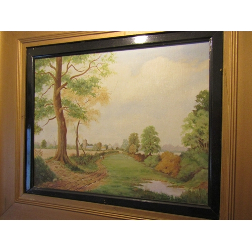 1096 - Edwardian School Country View Church to Distance Oil on Canvas Approximately 16 Inches High x 22 Inc... 