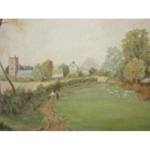 1096 - Edwardian School Country View Church to Distance Oil on Canvas Approximately 16 Inches High x 22 Inc... 