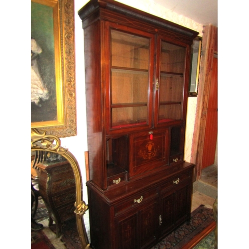 1099 - Victorian Rosewood Marquetry Decorated Secretaire Cabinet Glazed Twin Doors Above Cupboard Base Appr... 