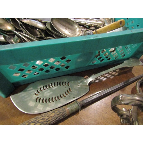 1115 - Collection of Various Antique Silver Plate Contained Within Green Crate Quantity as Photographed