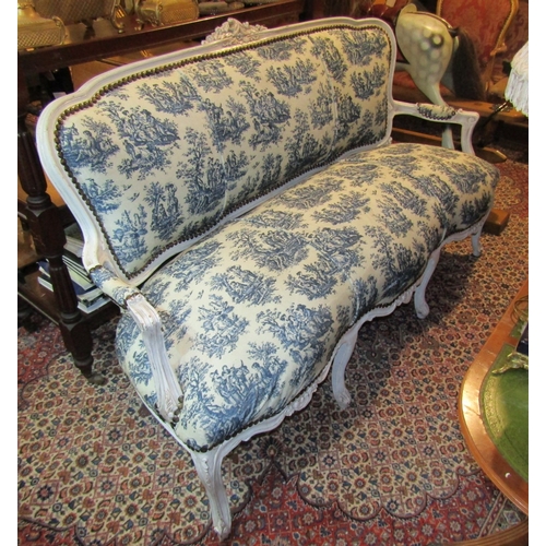 1121 - French Salon Settee with Blue and White Upholstery French Cream Painted Approximately 6ft 6 Inches W... 