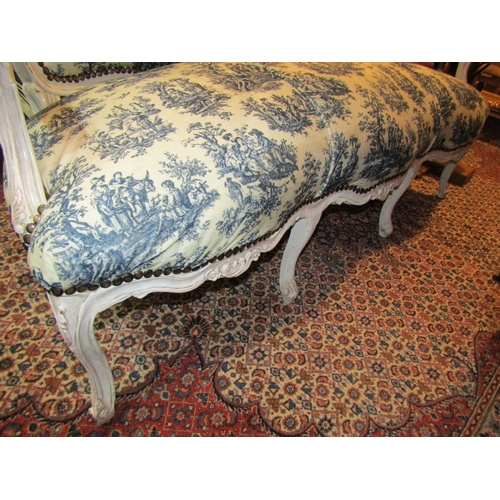 1121 - French Salon Settee with Blue and White Upholstery French Cream Painted Approximately 6ft 6 Inches W... 