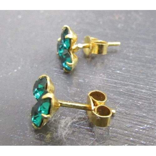 1133 - Pair of Nine Carat Yellow Gold Three Stone Tourmaline Set Earrings