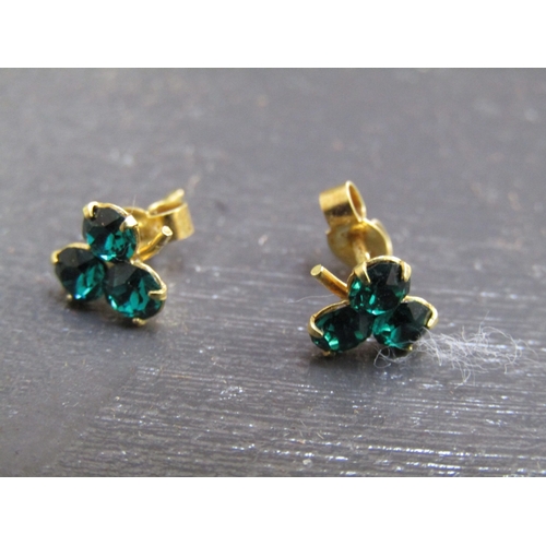 1133 - Pair of Nine Carat Yellow Gold Three Stone Tourmaline Set Earrings