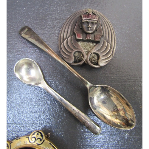 1134 - Silver Clasp Egyptian Motif Silver Spoon Silver Crude Spoon and Brooch