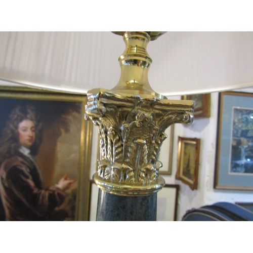 1143 - Ormolu and Marble Corinthian Column Form Table Lamp Pleated Shade Approximately 30 Inches High