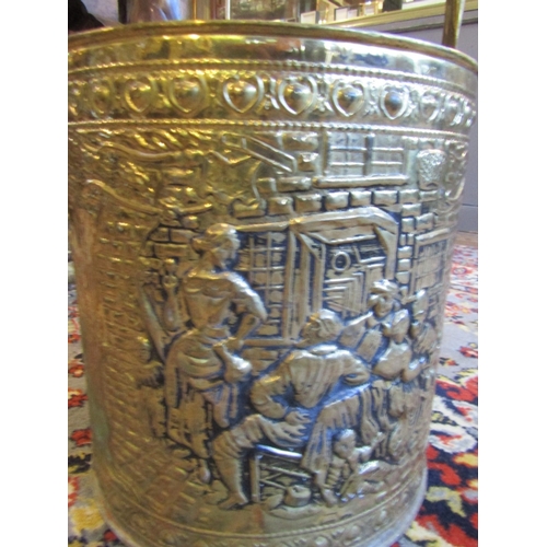 1149 - Brass Coal Bucket Circular Form Embossed Decoration Original Swing Carry Handle Full Size