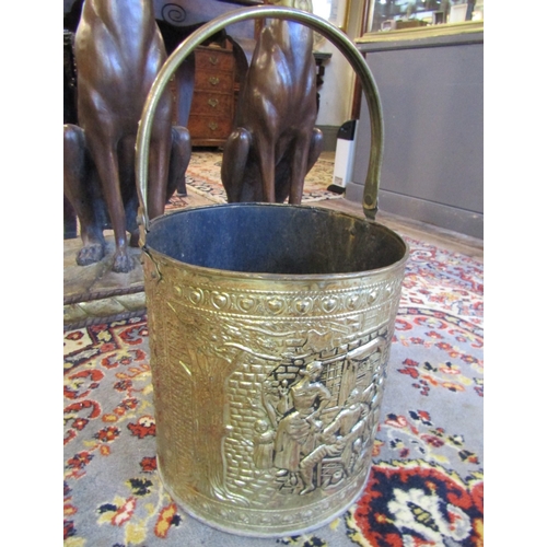 1149 - Brass Coal Bucket Circular Form Embossed Decoration Original Swing Carry Handle Full Size