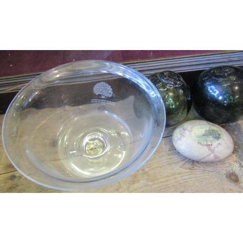 1152 - Engraved Glass Table Bowl Two Fisherman's Net Buoys and Commemorative Rock with Painted Decoration P... 