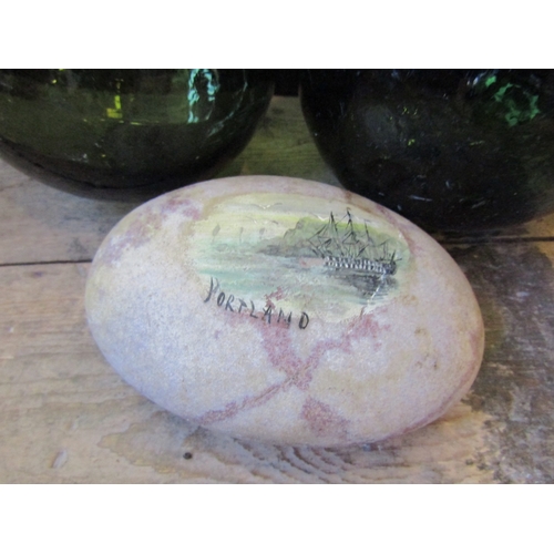 1152 - Engraved Glass Table Bowl Two Fisherman's Net Buoys and Commemorative Rock with Painted Decoration P... 