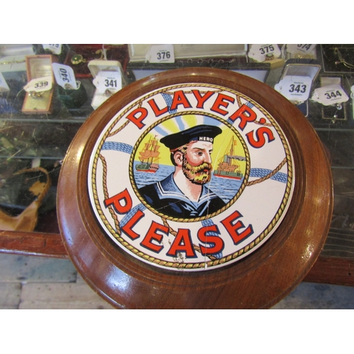 1155 - Player's Please Old Shop Advertising Sign Circular Form Porcelain Plaque Contained Within Mahogany F... 