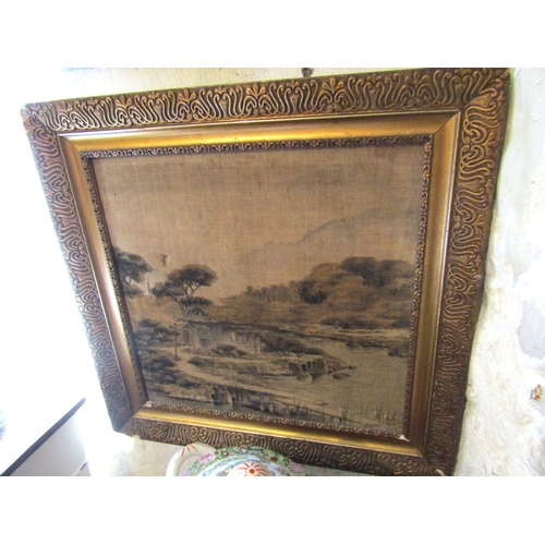 1176 - Antique Chinese Painting on Linen Contained Within Gilded Frame Signed Indistinctly Depicting River ... 