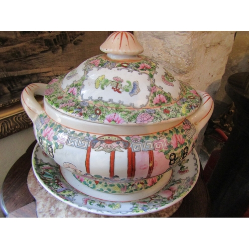 1177 - Large Oriental Canton Terrine and Cover with Dish Good Original Condition Twin Handled Approximately... 