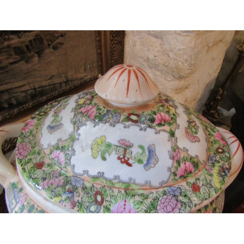 1177 - Large Oriental Canton Terrine and Cover with Dish Good Original Condition Twin Handled Approximately... 