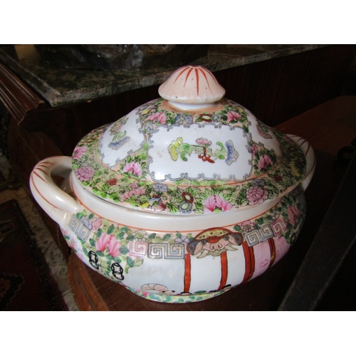 1177 - Large Oriental Canton Terrine and Cover with Dish Good Original Condition Twin Handled Approximately... 