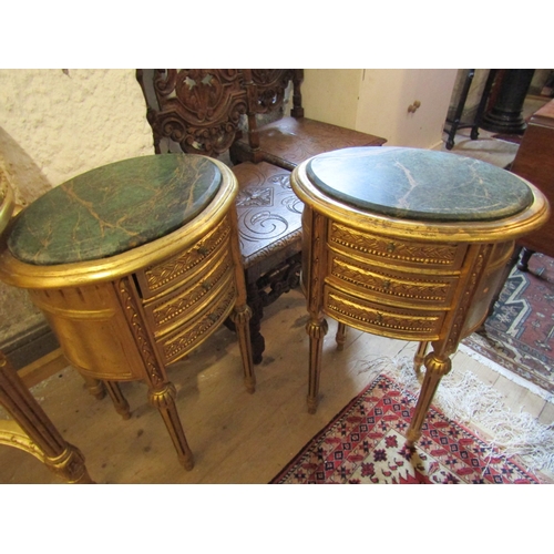 1181 - Pair of Oval Form Carved Gilt Wood Three Drawer Side Lockers Turned Supports Inset Green Marble Tops... 