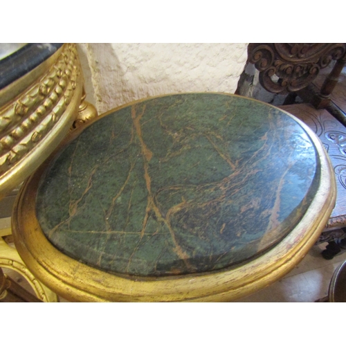 1181 - Pair of Oval Form Carved Gilt Wood Three Drawer Side Lockers Turned Supports Inset Green Marble Tops... 