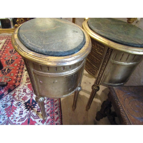 1181 - Pair of Oval Form Carved Gilt Wood Three Drawer Side Lockers Turned Supports Inset Green Marble Tops... 